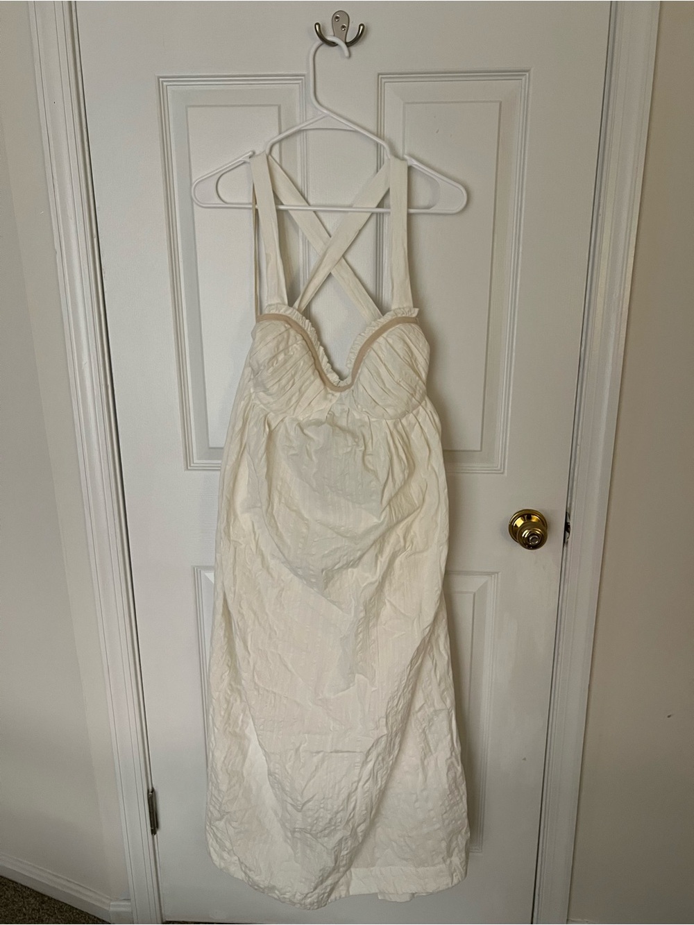 Free People Ivory Crinkle Sweetheart Midi Dress with Cross-Back Straps